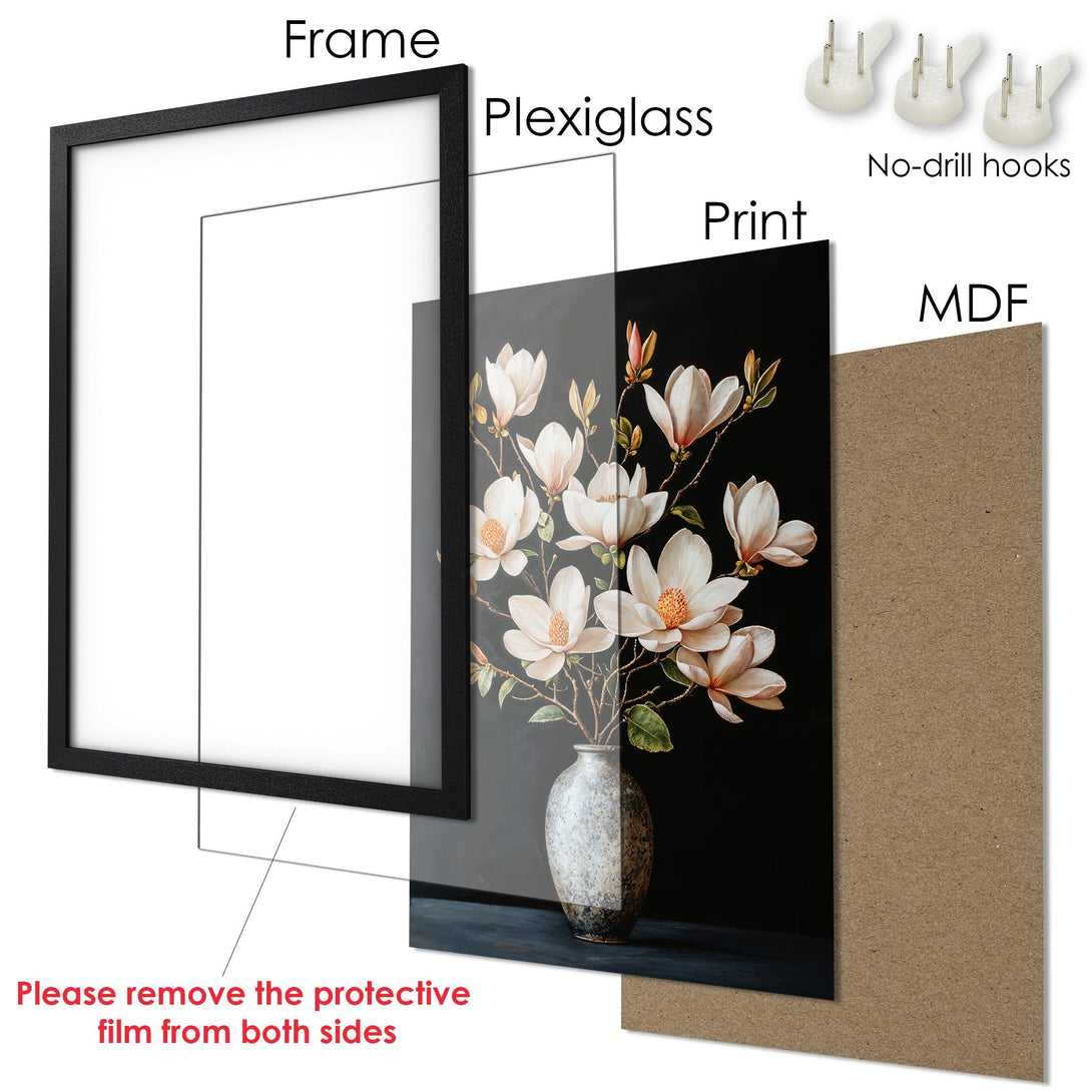 Framed Poster featuring a floral still life with a dark, elegant color palette. Perfect wall art!