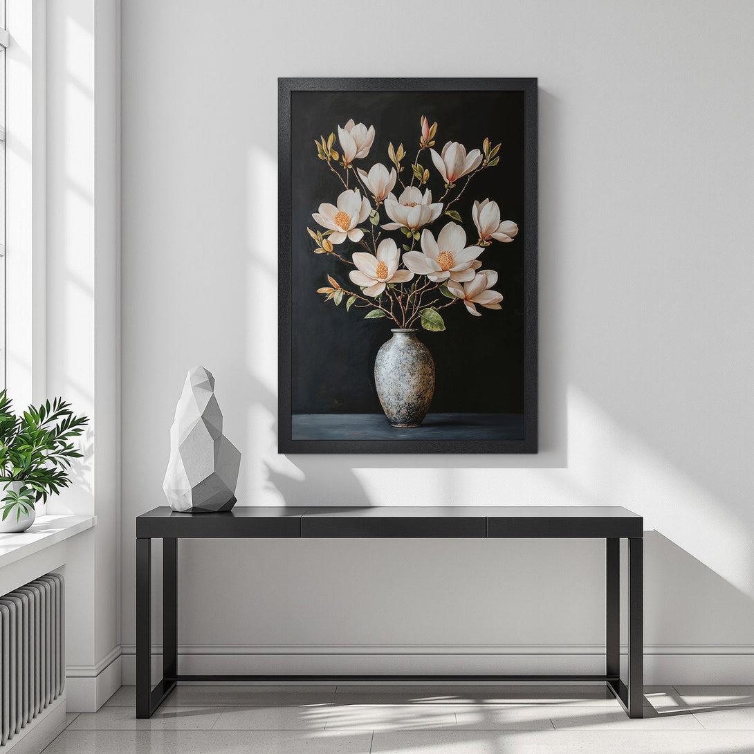 Framed Poster featuring white magnolia flowers on a dark background. Elegant floral art in a neutral color palette, perfect for home decor.