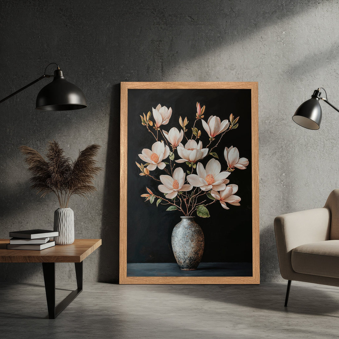 Framed Poster featuring a floral still life in a modern style with a dark, moody palette. Perfect art for your home!