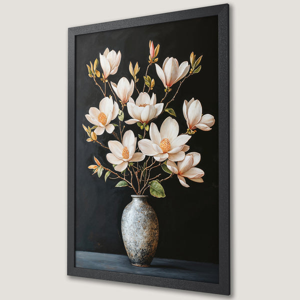Framed Poster featuring elegant white magnolia flowers in a vase, against a dark background. Stylish floral art with a sophisticated color palette.