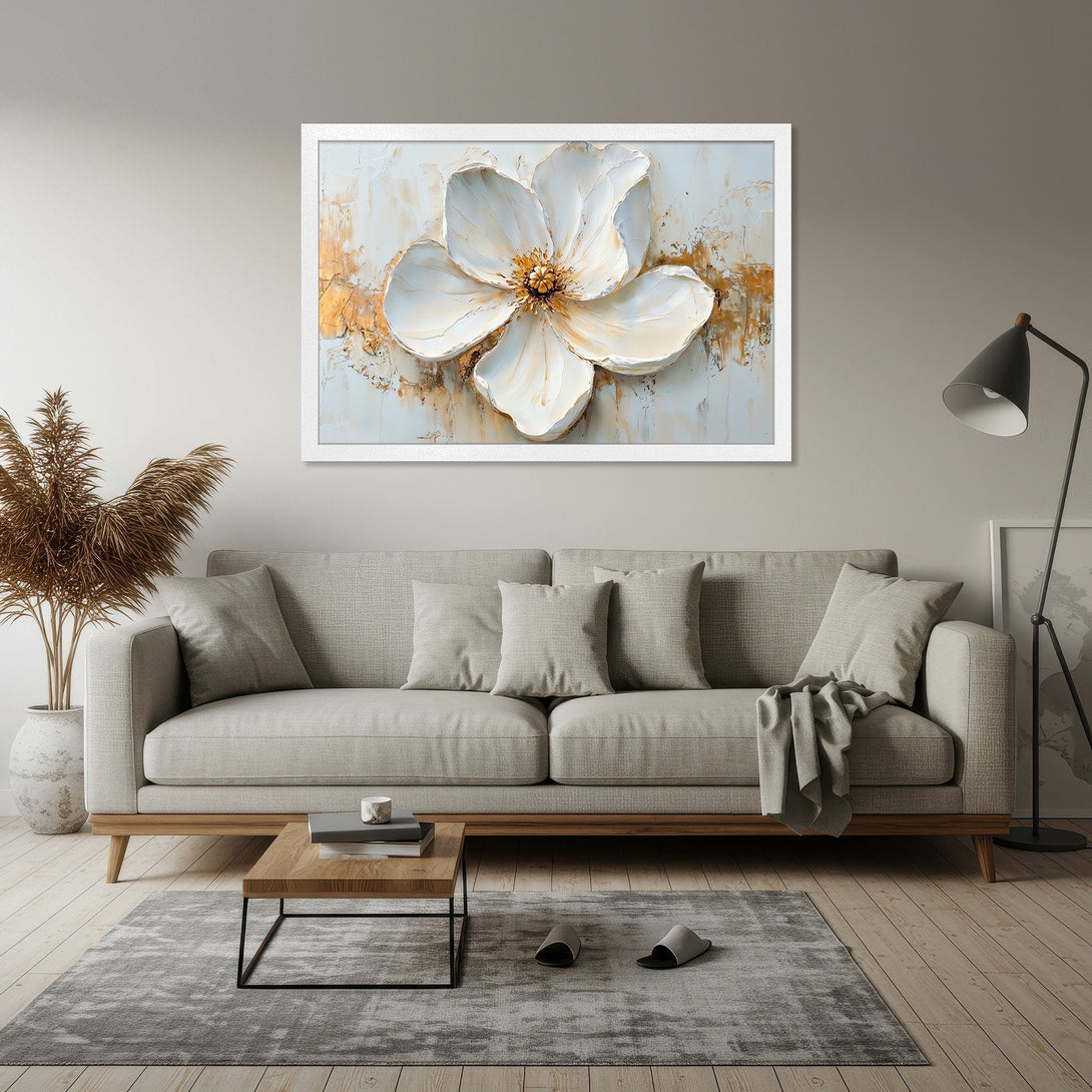 Framed Poster of a white flower art print with gold accents. Modern, minimalist style with neutral color palette. Perfect home decor.
