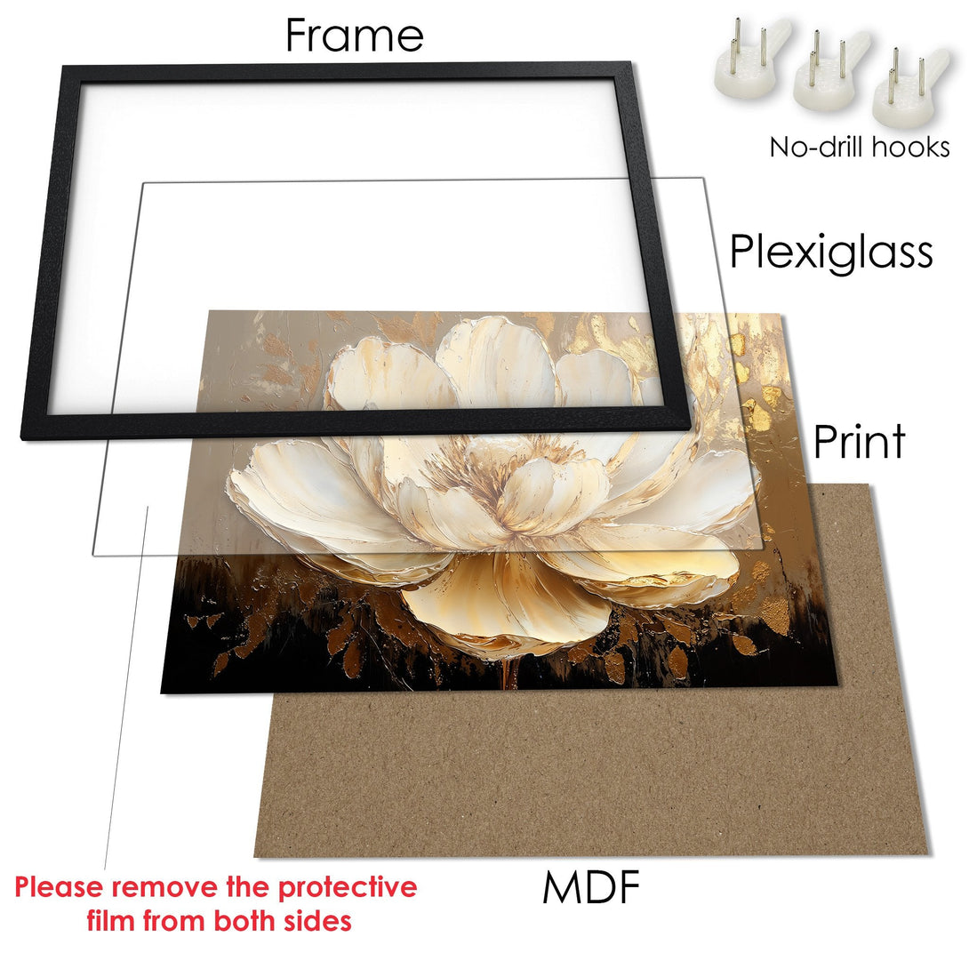 Framed Poster of a floral abstract art piece in gold and black. Elegant wall decor for any room.