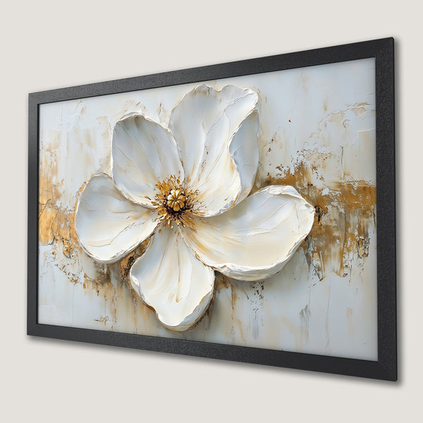 Framed Poster of a white flower, textured art style, gold and neutral color palette, perfect for home decor.