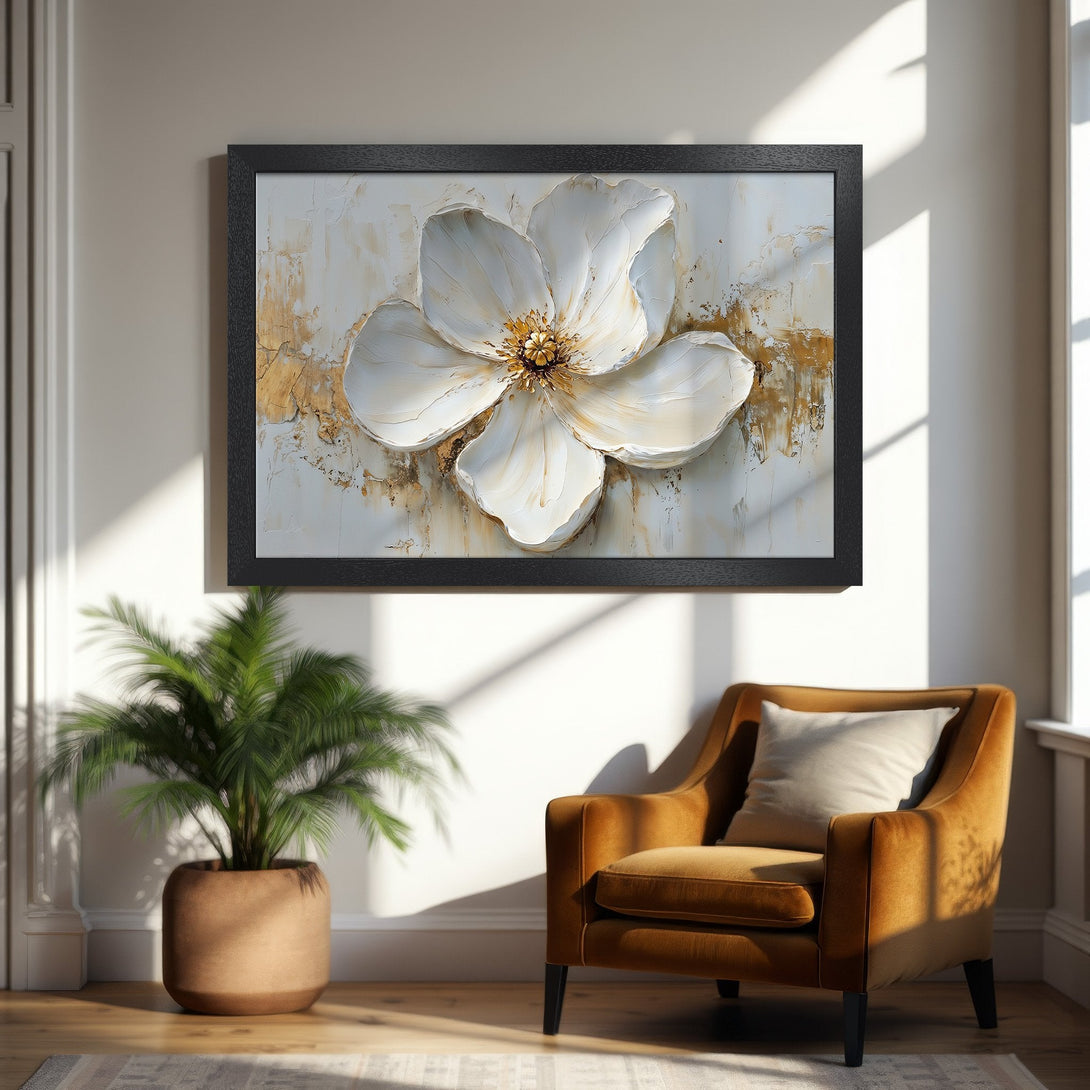 Framed Poster featuring a textured white flower with gold accents. Elegant art in neutral tones, perfect for home decor.