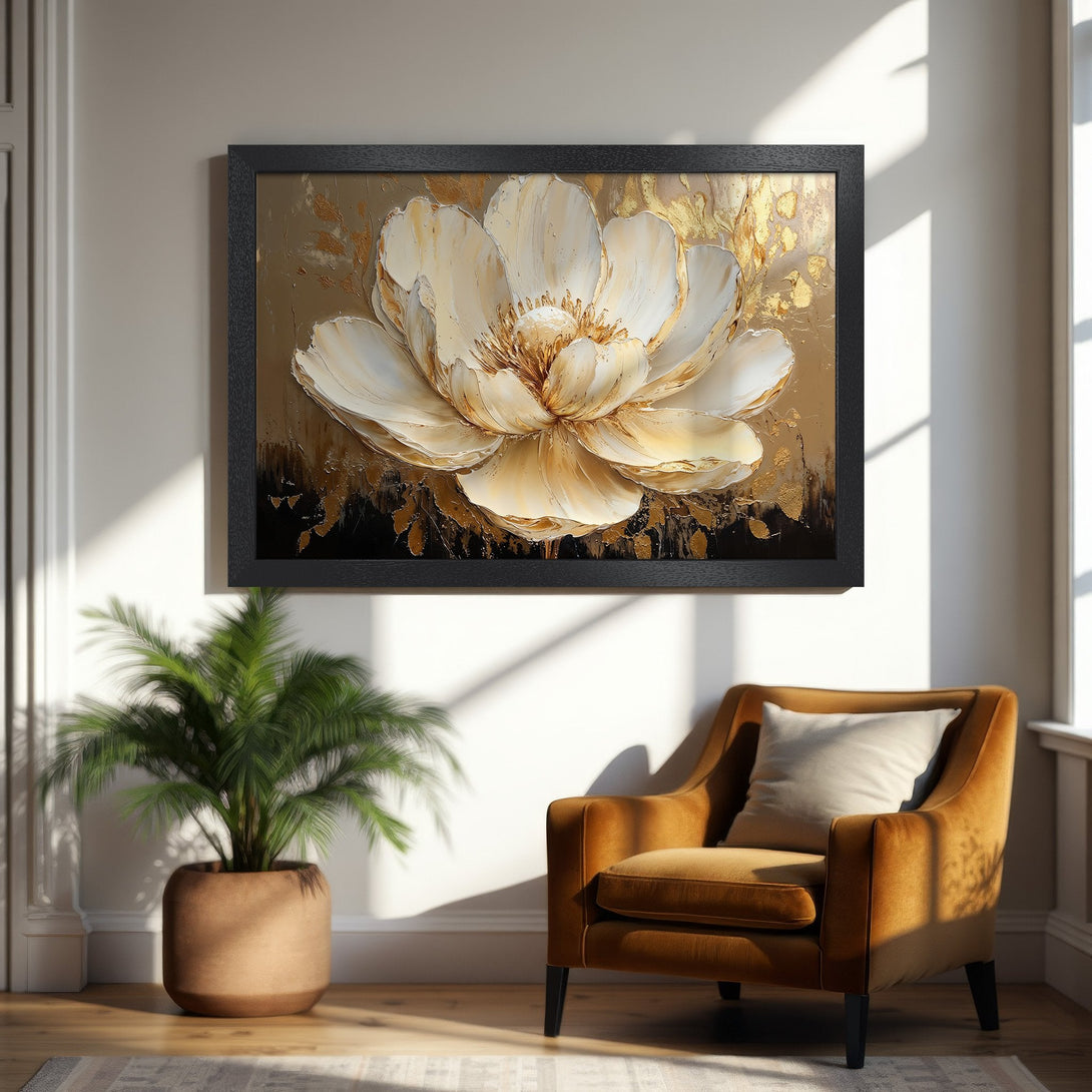 Framed Poster featuring a large, textured white flower with gold accents. Elegant, modern art in a warm, neutral color palette.