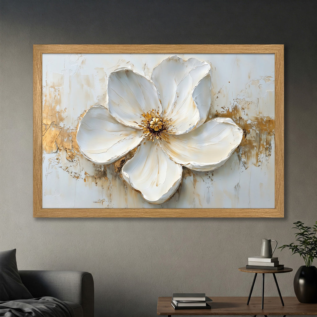 Framed Poster featuring a textured white flower with gold accents. Modern art style, neutral color palette for elegant decor.