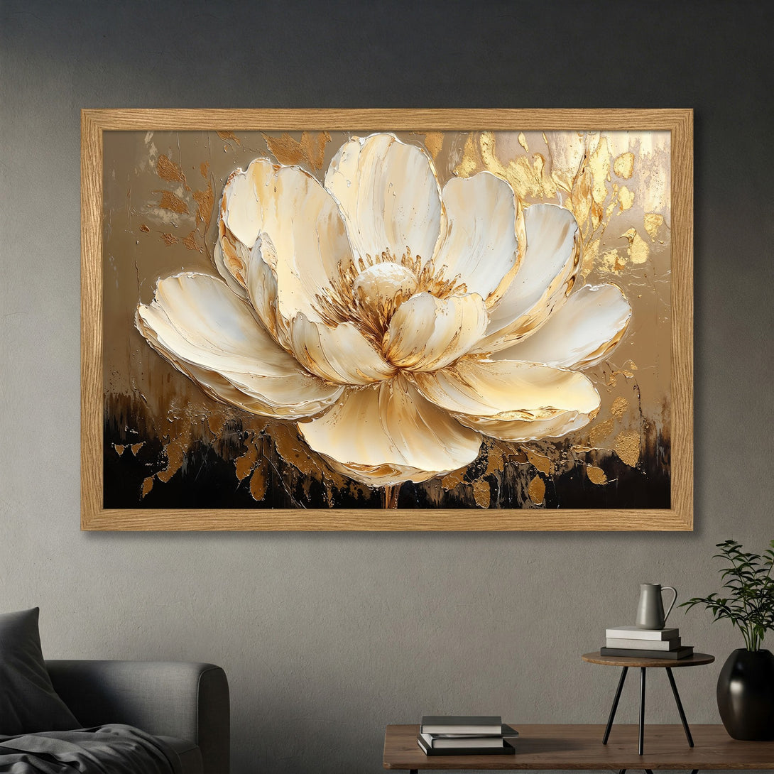 Framed Poster featuring a stunning white and gold flower artwork in a warm, neutral color palette. Perfect wall decor!
