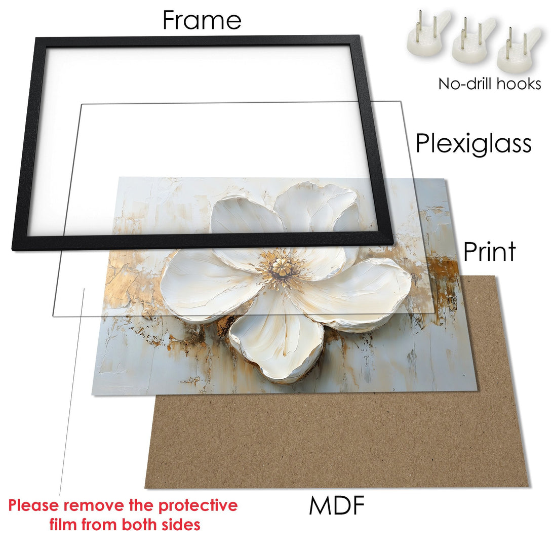 Framed Poster featuring a white floral design with gold accents. Elegant, textured art in a neutral color palette. Perfect wall decor!