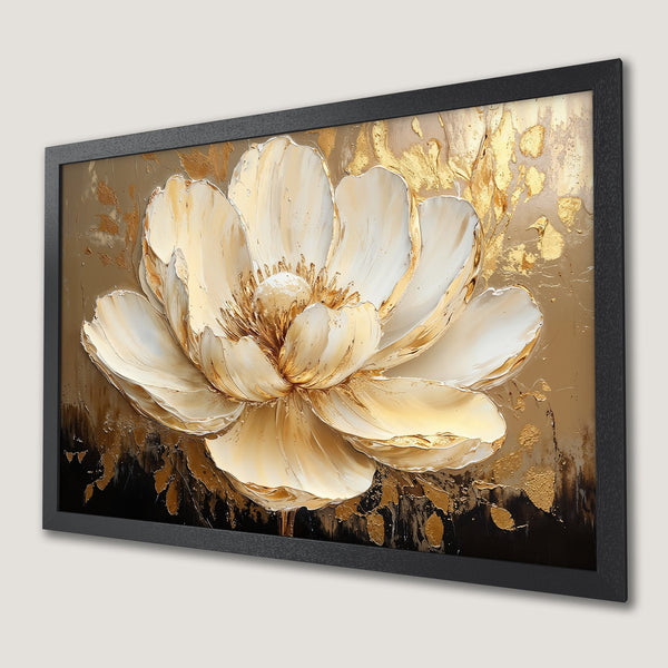 Framed Poster featuring a stunning white and gold floral design with an abstract, textured style. Elegant art for your home!