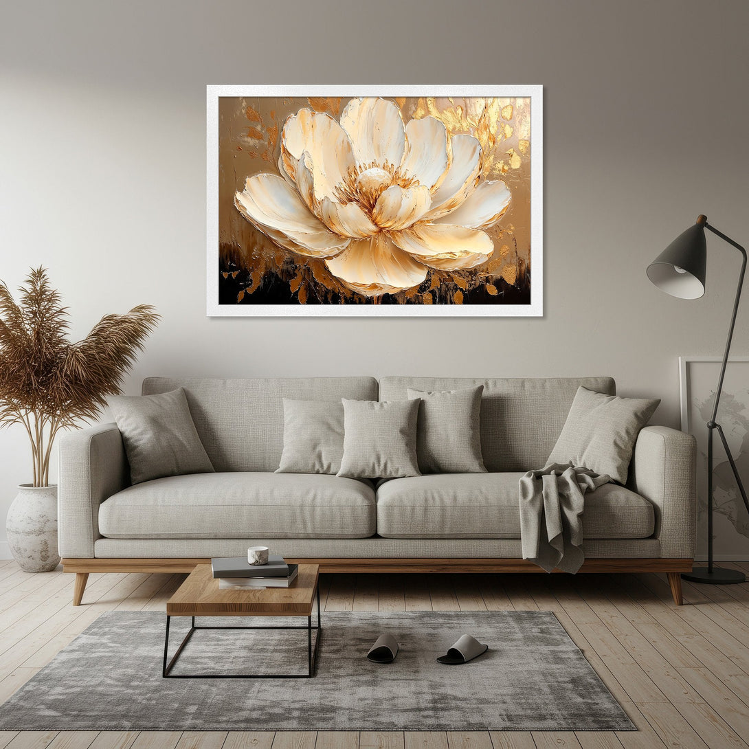 Framed Poster of a large, abstract flower in cream and gold tones. Modern art style, perfect for home decor.
