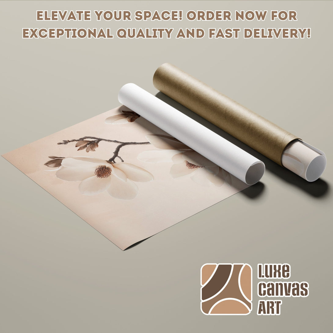 Magnolia flower art poster roll. Neutral color palette, elegant style. Elevate your space with Luxe Canvas Art!