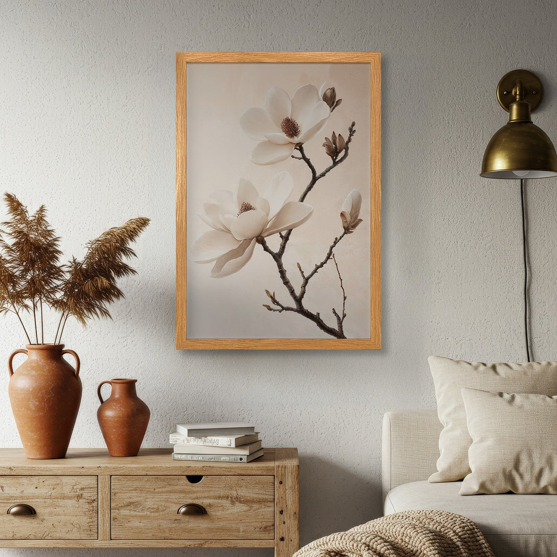 Framed Poster featuring elegant magnolia flowers in a neutral, sepia-toned color palette. Perfect for adding a touch of nature-inspired art to your home.