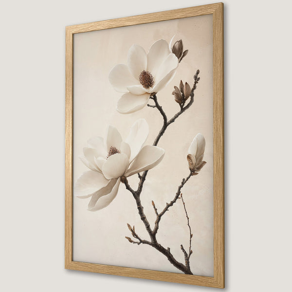Framed Poster featuring elegant magnolia blossoms in a soft, neutral color palette. Perfect wall art for a touch of nature and sophistication.