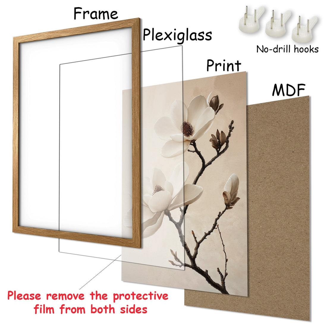 Framed Poster featuring elegant magnolia flowers in a neutral color palette. Perfect wall art for your home!