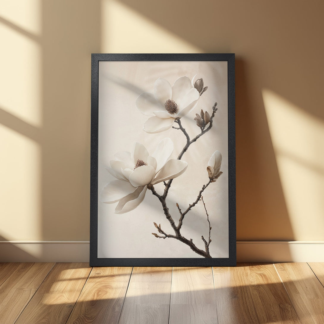 Framed Poster featuring a botanical illustration of magnolia flowers in a neutral color palette. Perfect wall art for a calming aesthetic.