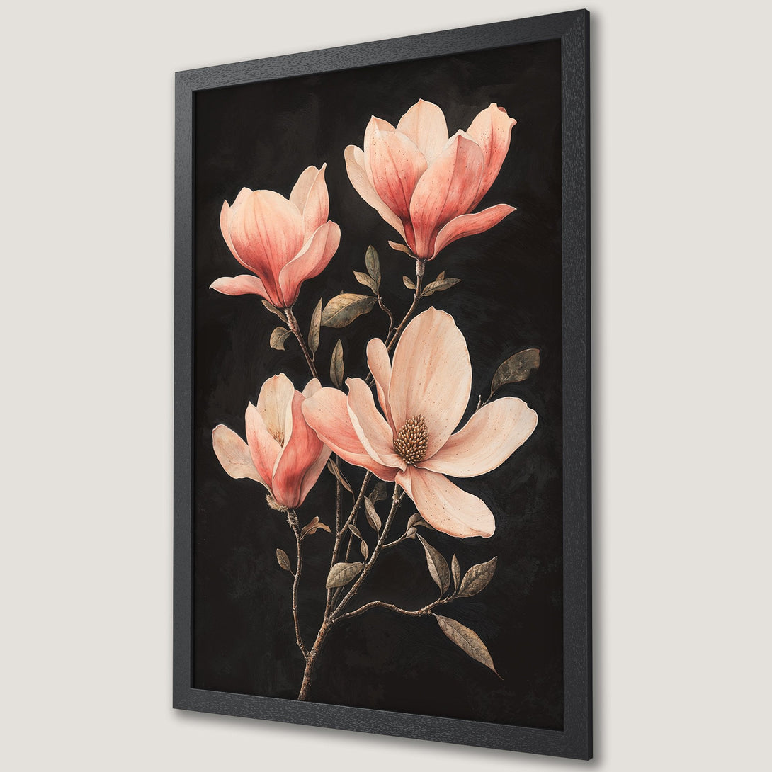 Framed Poster featuring watercolor magnolia flowers in blush pink and black. Elegant botanical art for your home decor.