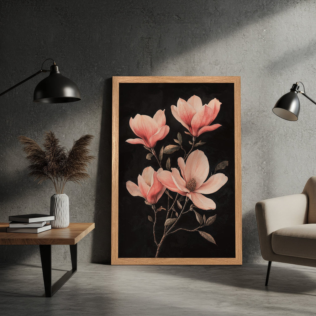 Framed Poster featuring elegant pink magnolia flowers on black background. Modern botanical art with a neutral color palette. Perfect home decor.