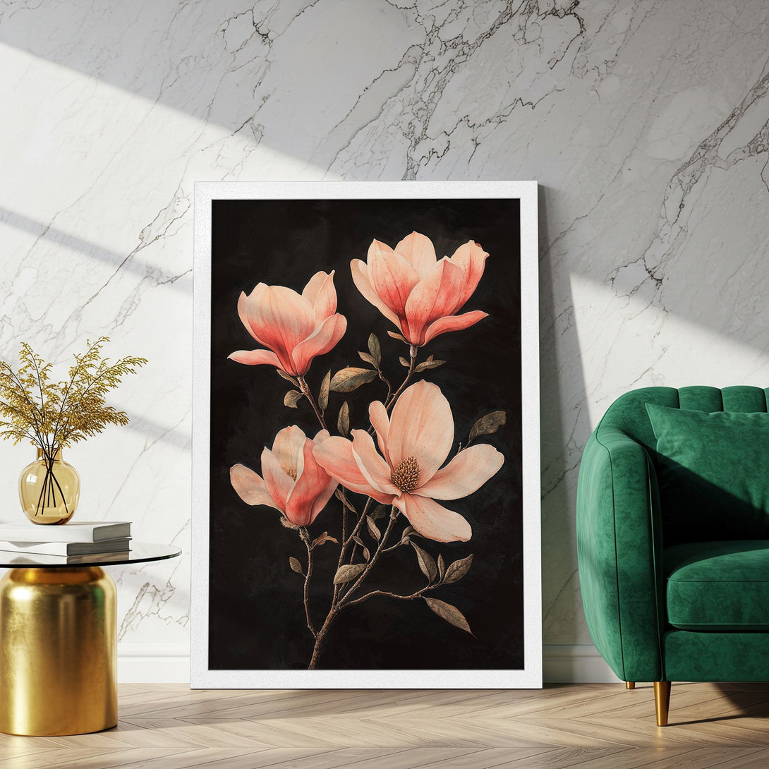 Framed Poster featuring watercolor-style magnolia flowers in pink hues against a dark background. Elevate your space with this elegant art print.