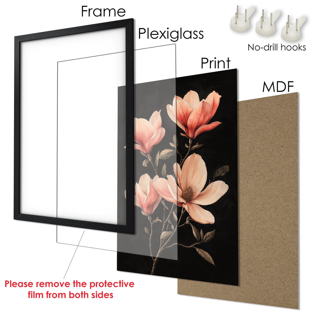 Framed Poster featuring elegant floral art in a black, peach, and neutral color palette. Perfect wall decor!