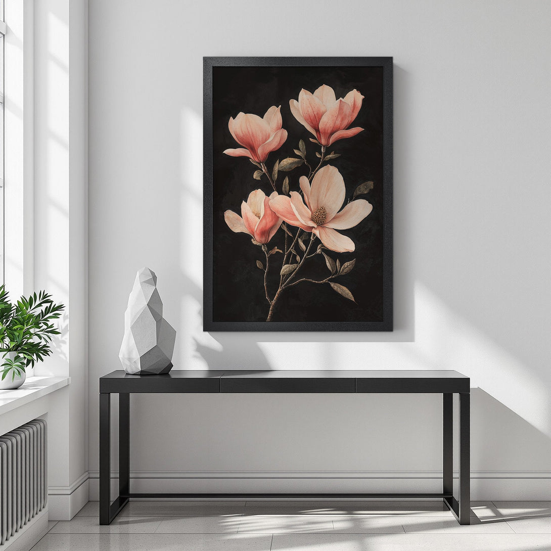 Framed Poster featuring elegant magnolia flowers, with a dark background and soft pink color palette. Enhance your home decor!