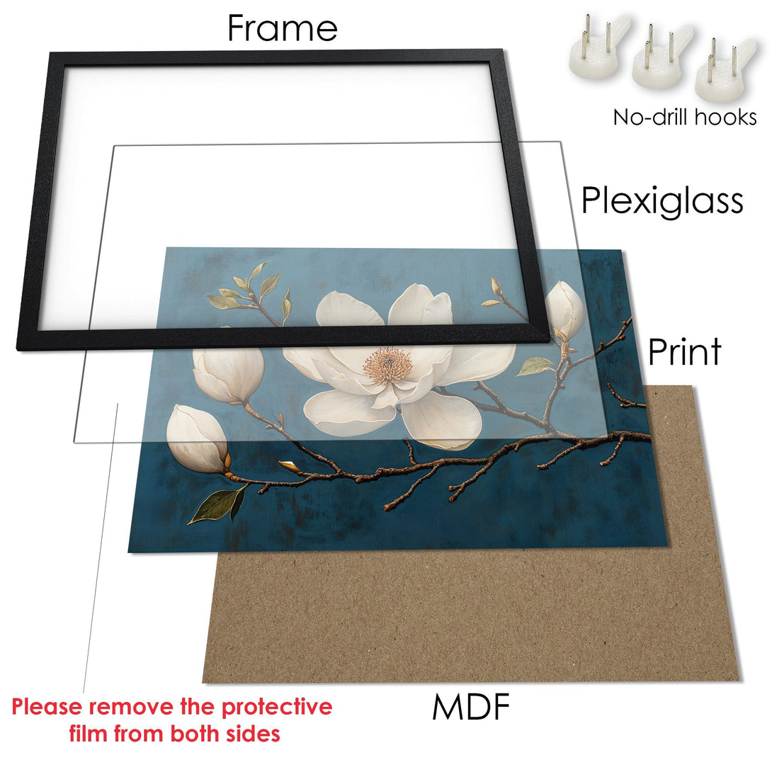 Framed Poster featuring a floral design with a blue and white color palette. Elegant art print for your home decor.