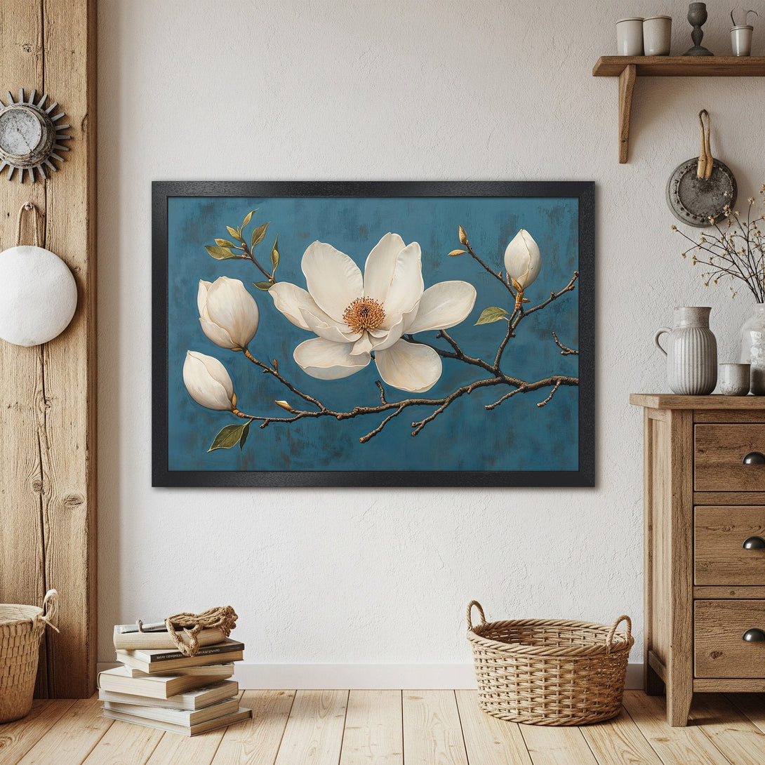 Framed Poster featuring a white magnolia flower painting with a teal background. Botanical art in a rustic style.