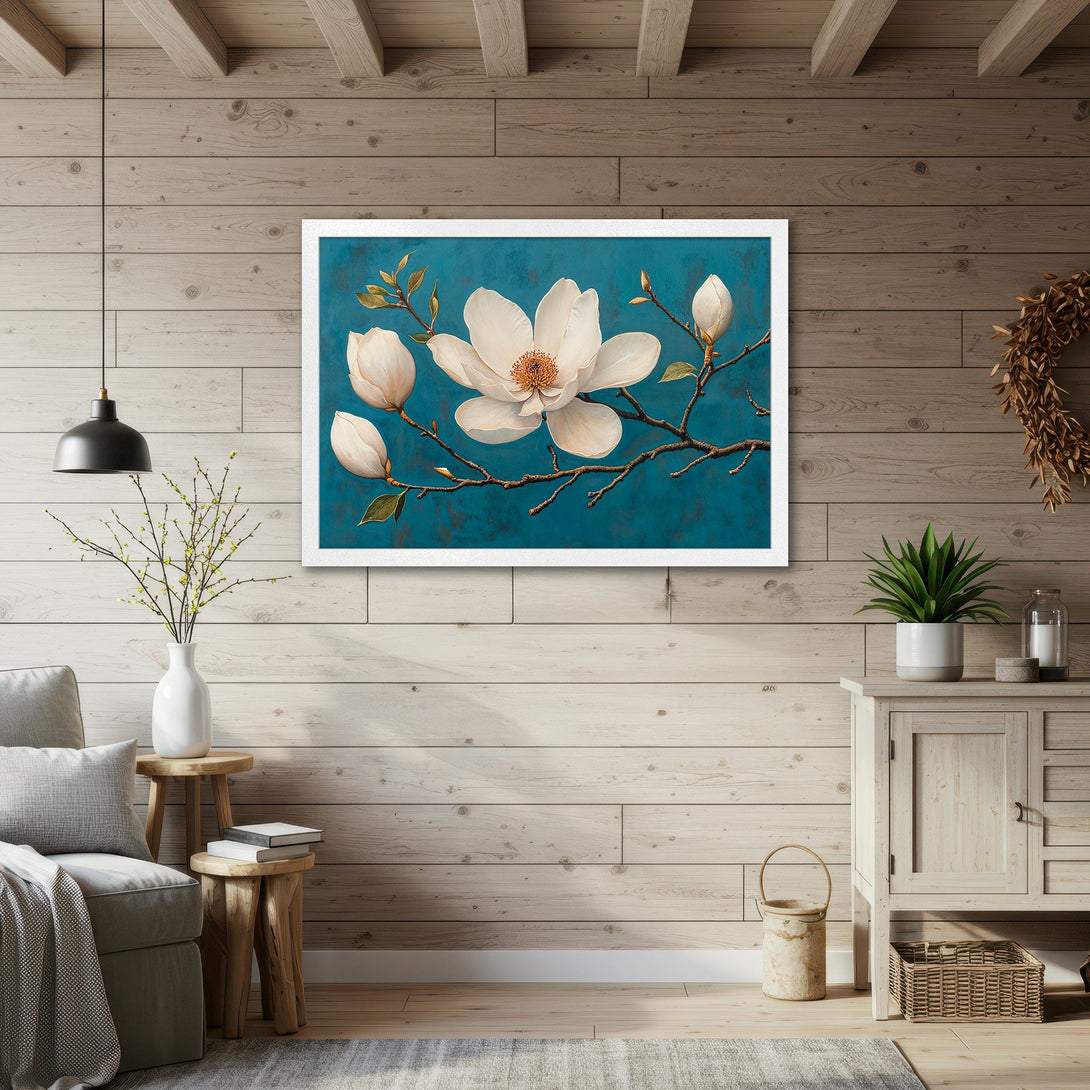 Framed Poster featuring a white magnolia floral print on a teal background. Rustic style, neutral color palette. Perfect wall art!