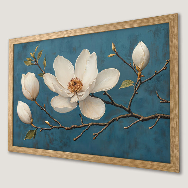 Framed Poster featuring a white magnolia flower on a blue background, artistic style, with a natural color palette.