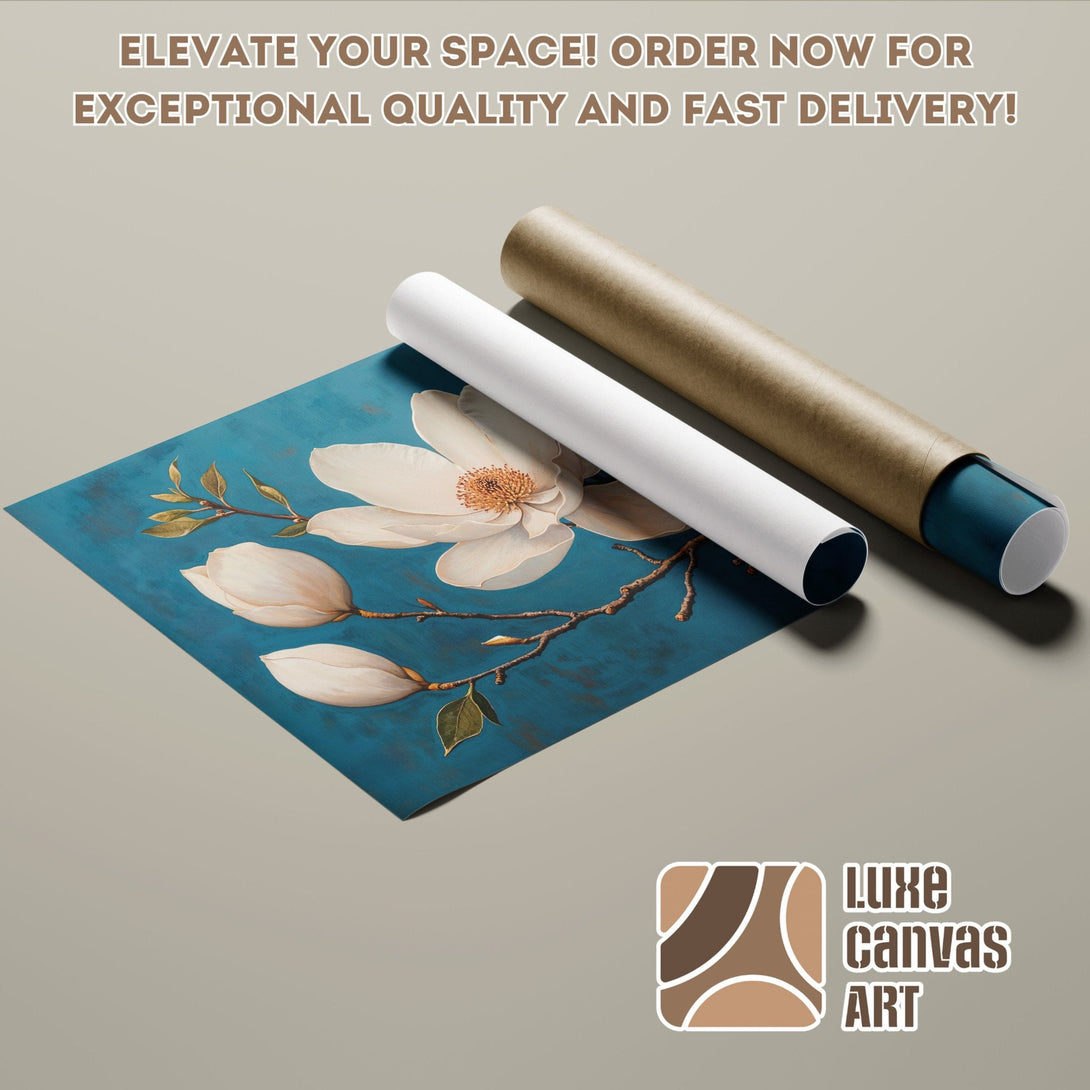 Magnolia flower Poster Roll art print, teal and cream color palette, perfect for home decor.