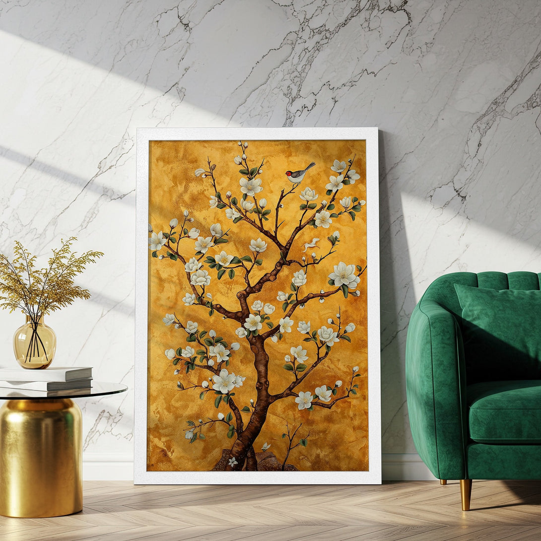 Framed Poster featuring a blossoming tree with a bird, in a warm gold and white color palette, perfect for home decor.