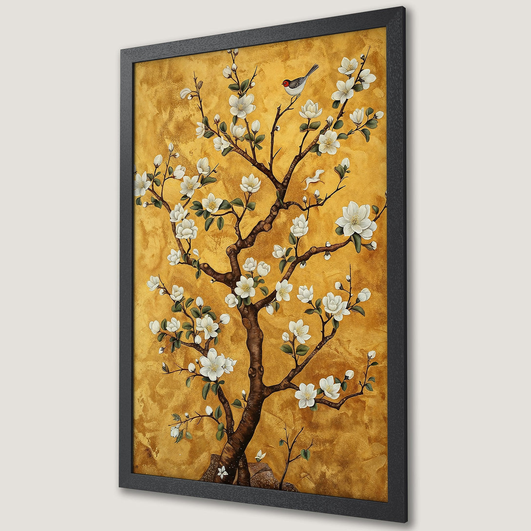 Framed Poster of a flowering tree with a bird, in a gold and brown color palette, artistic style. Perfect wall art.