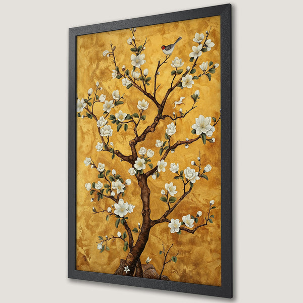 Framed Poster of a flowering tree with a bird, in a gold and brown color palette, artistic style. Perfect wall art.