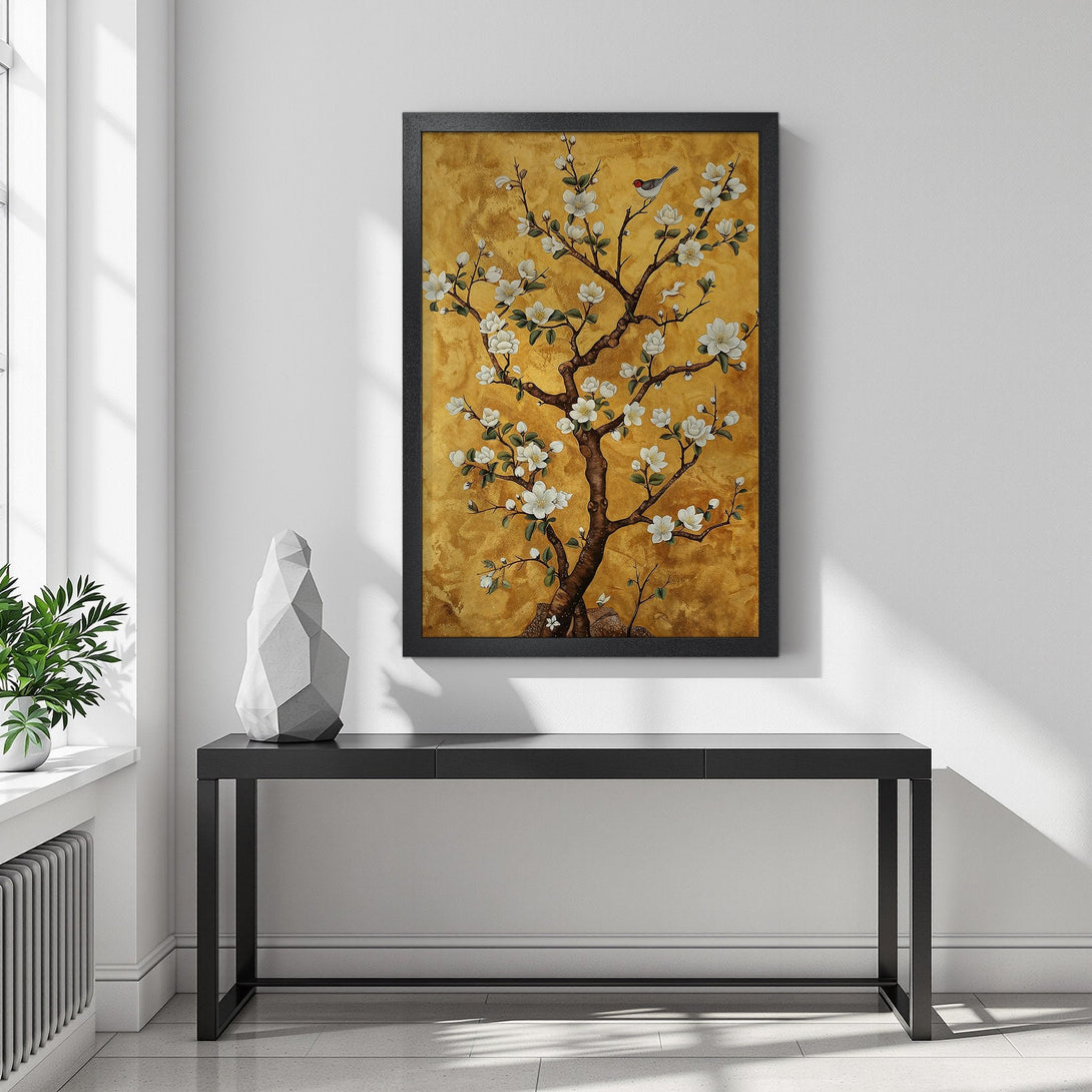 Framed Poster featuring a blossoming tree with a bird, in a gold and white color palette, perfect for home decor.