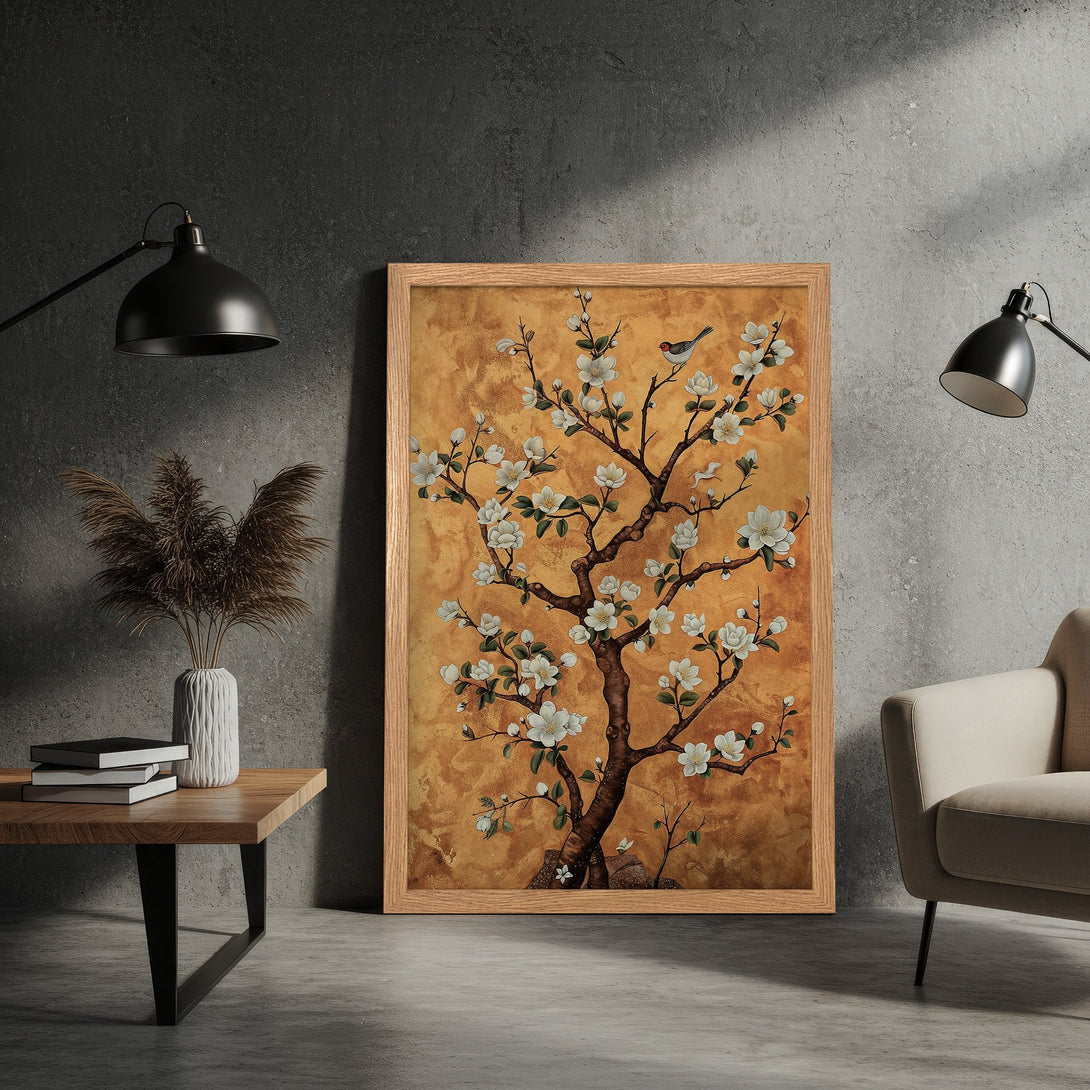 Framed Poster featuring a flowering tree with a bird, warm color palette, perfect for home decor.