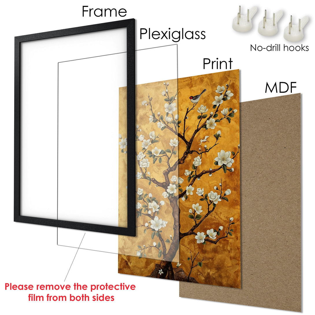 Framed Poster of a tree with white flowers, gold background. Elegant art print with black frame. Perfect wall decor.
