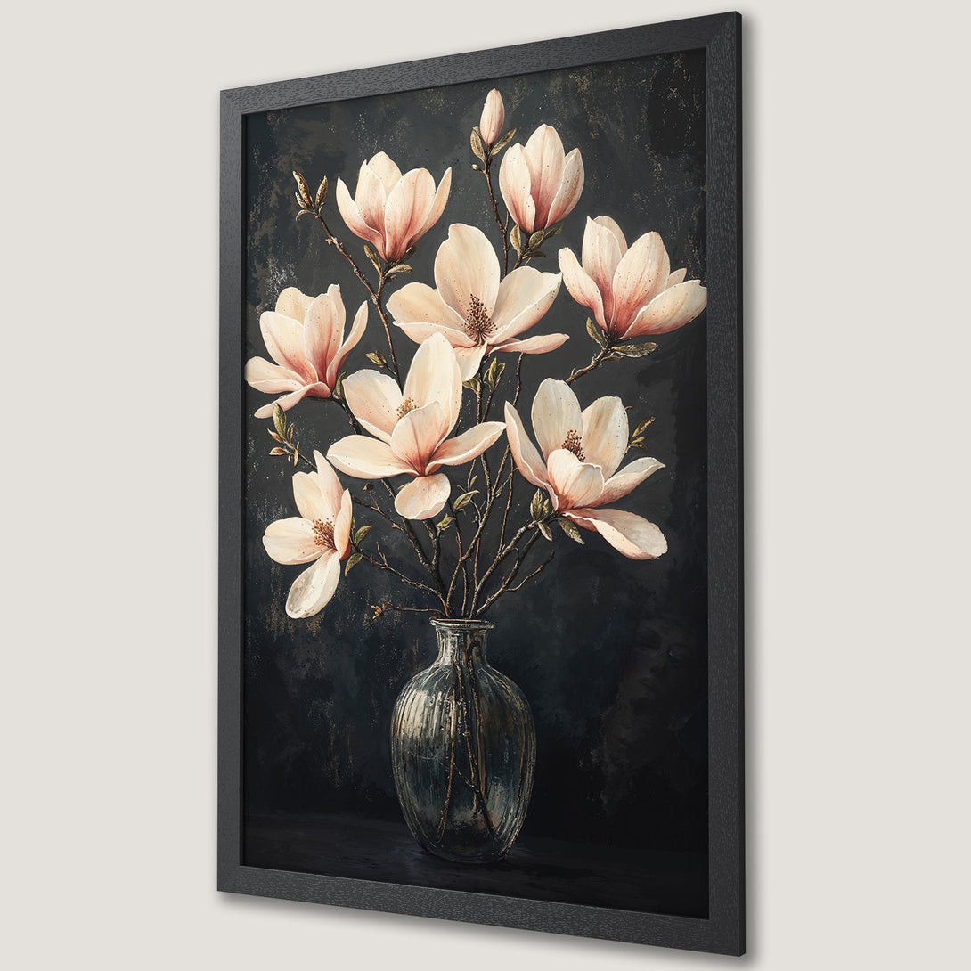 Framed Poster featuring elegant magnolia flowers in a vase. Dark & moody style with blush pink & black color palette. Perfect wall art.