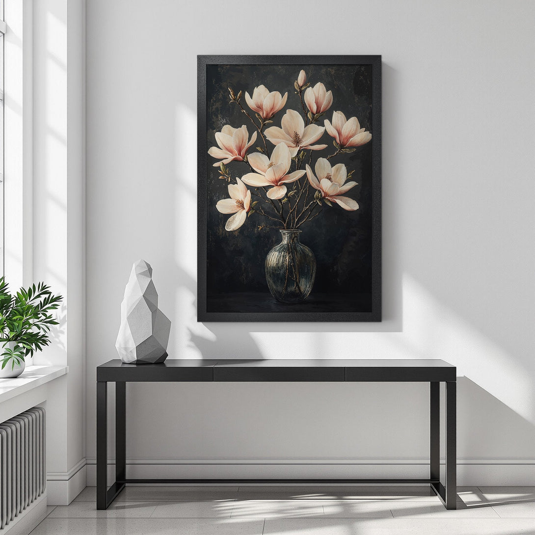 Framed Poster featuring a floral still life in a dark, moody style with a soft pink and black color palette.