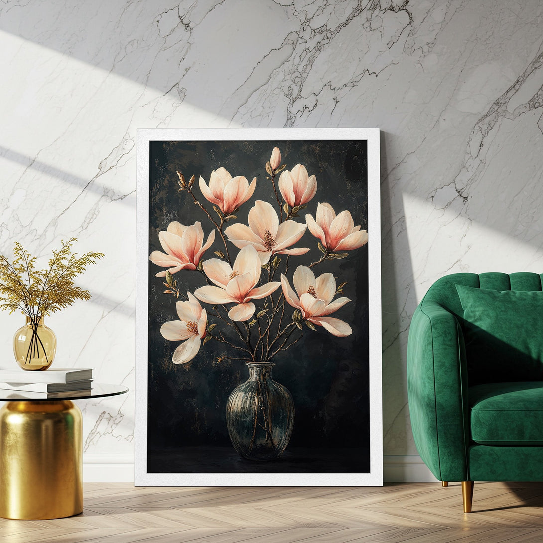 Framed Poster featuring elegant floral art. Soft pink & dark green color palette, perfect for home decor. Enhance your space with this beautiful Poster!