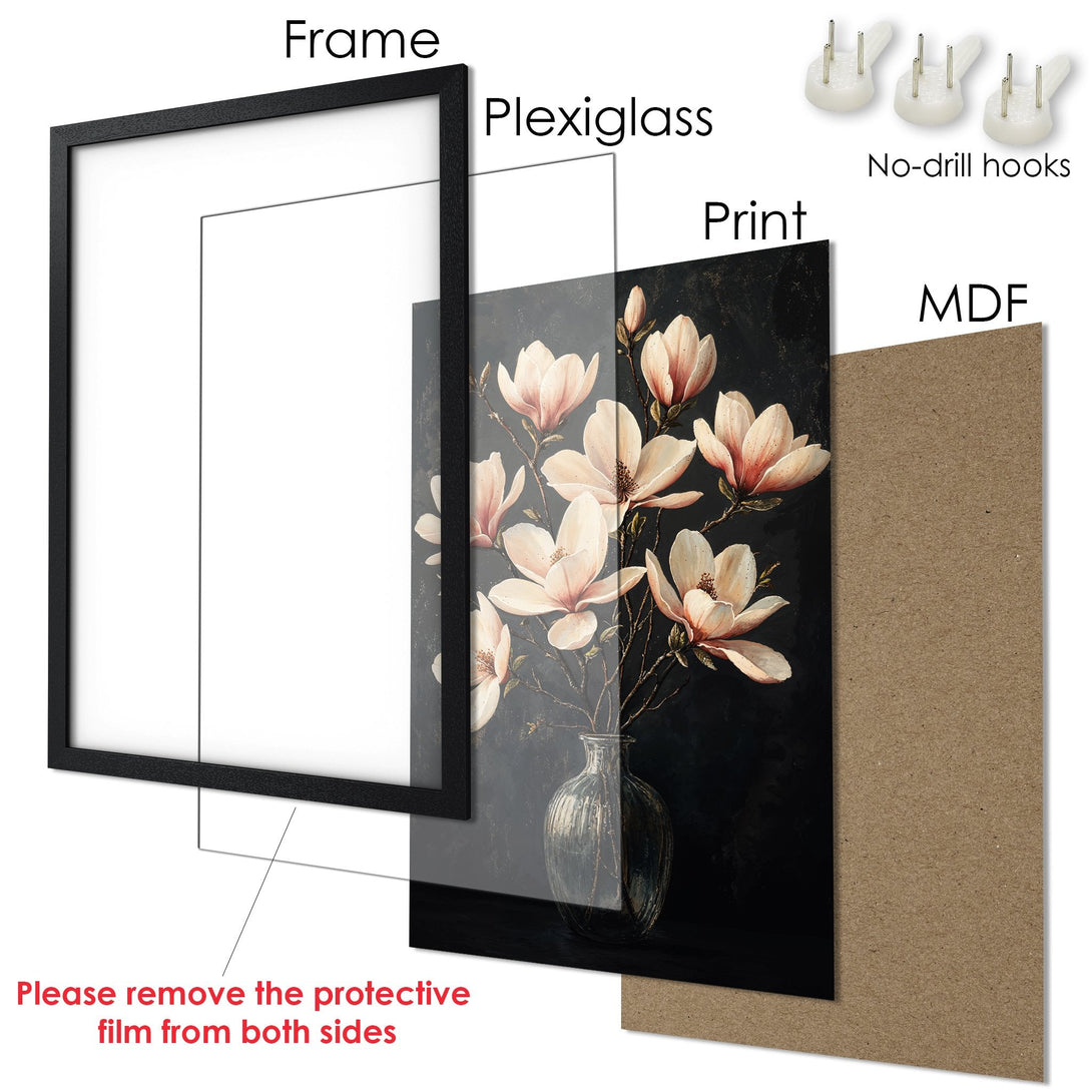 Framed Poster featuring a floral still life in a dark, moody style with a soft pink and black color palette. Ready to hang!