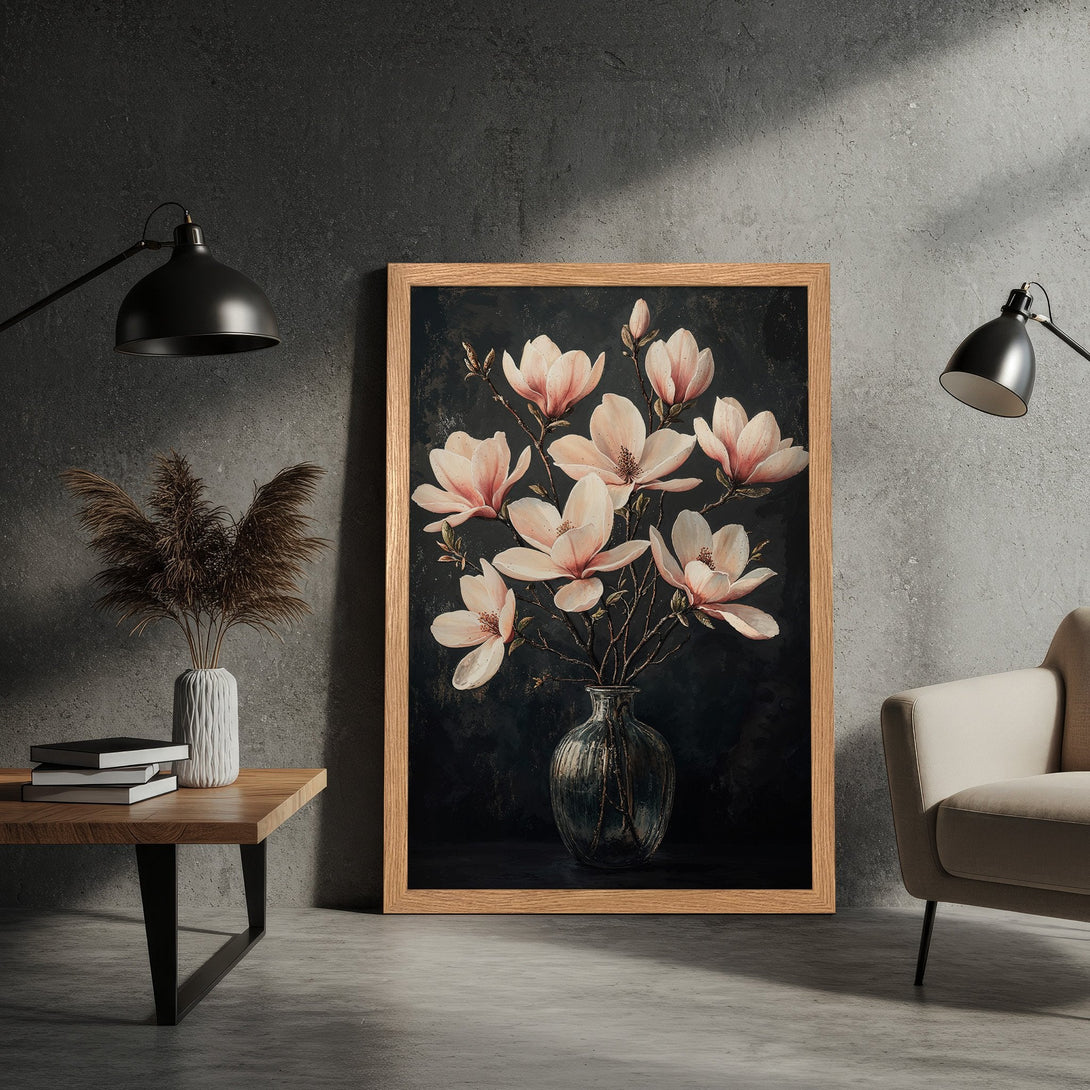 Framed Poster featuring a floral still life in a dark, moody style with a soft pink and black color palette. Perfect wall art!