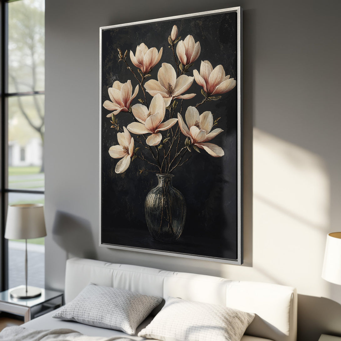 Framed Wall Art: Elegant floral canvas print featuring magnolia blossoms in a vase. Dark background with a soft, neutral color palette. Perfect for bedroom decor.