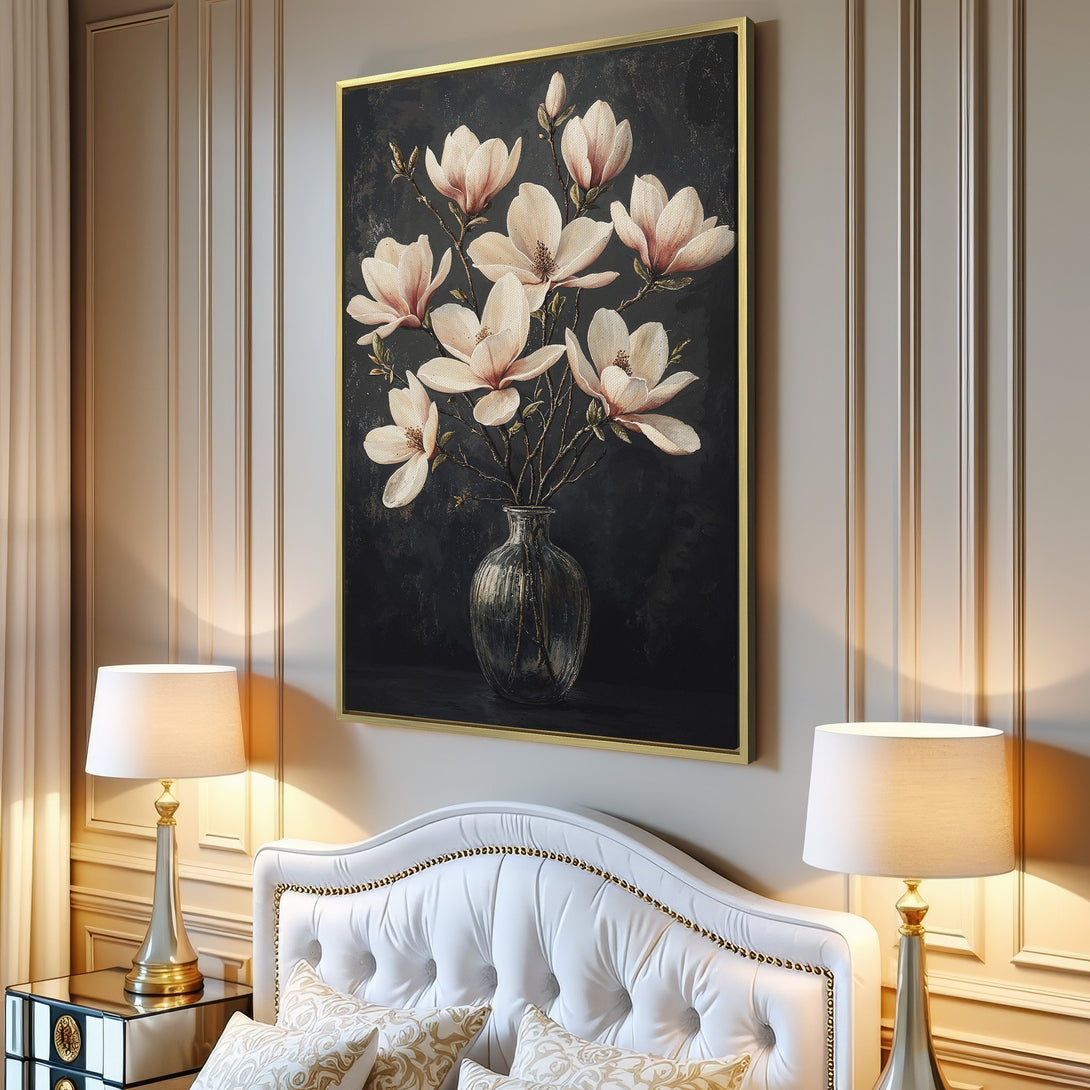 Canvas Print of magnolia flowers in a vase, a stunning floral artwork in a dark, moody palette. Perfect for elegant home decor.