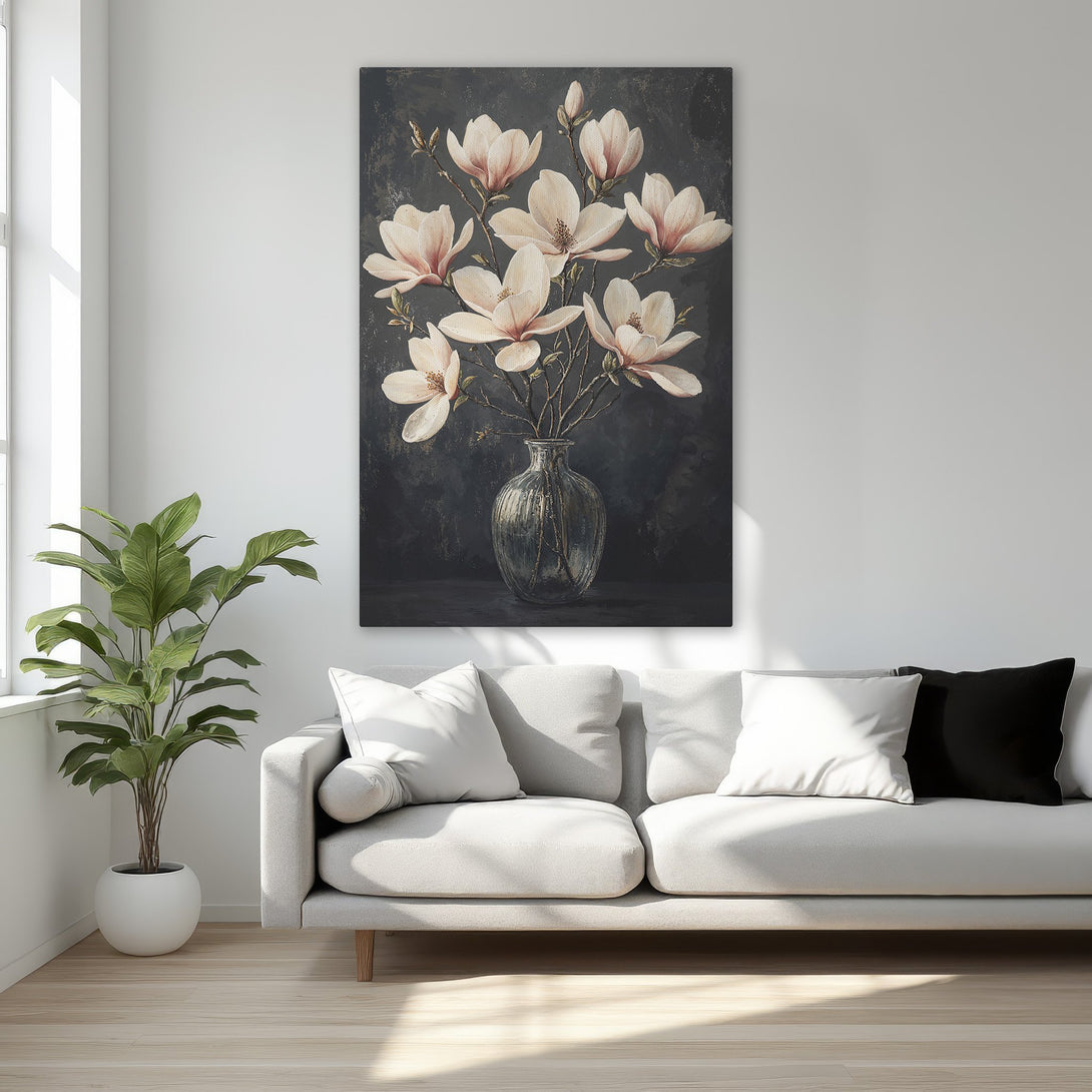 Framed Wall Art: Elegant floral painting in a dark, moody style with a soft pink and black color palette. Perfect for adding sophistication to your space.
