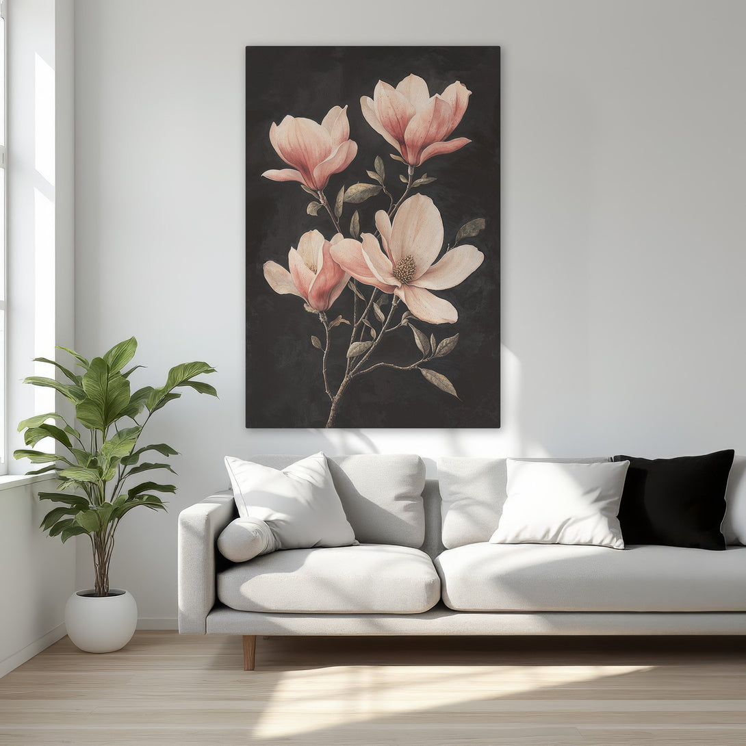 Framed Wall Art featuring elegant magnolia flowers in blush pink on a black background. Perfect for adding a touch of sophistication to any space.