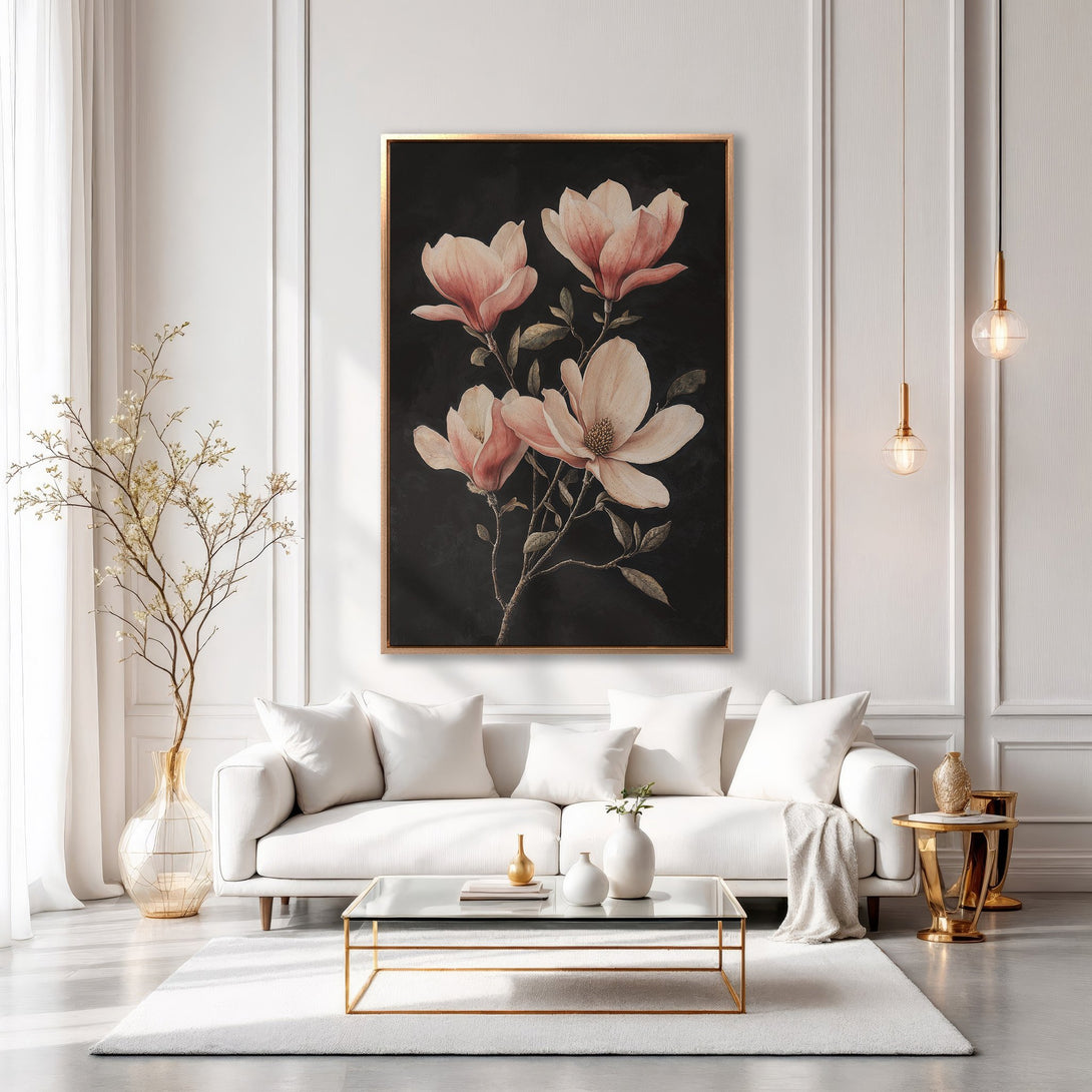 Framed Wall Art: Elegant floral Canvas Print in a modern interior. Features blush pink magnolia flowers on a dark background. Sophisticated decor.