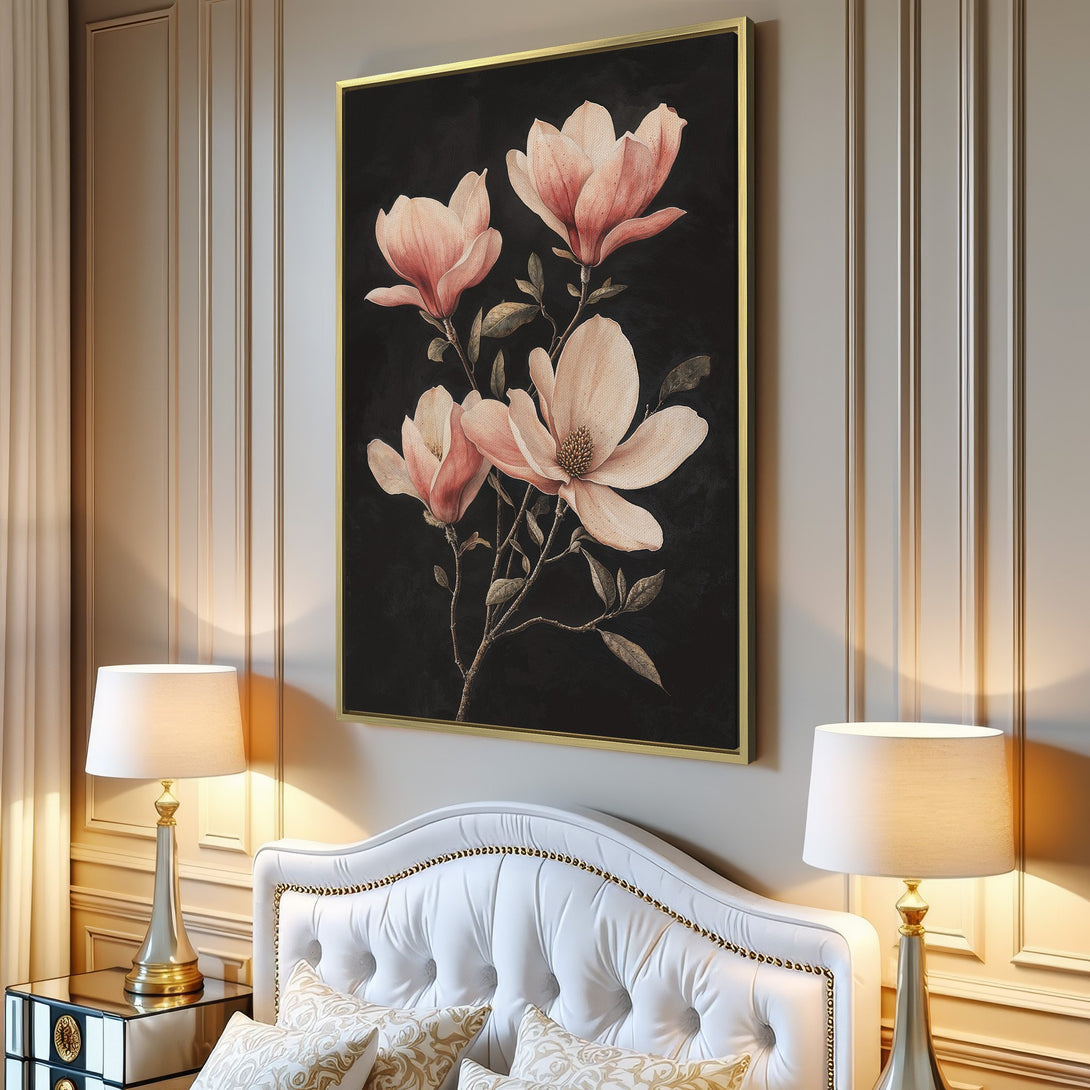 Canvas Print of elegant magnolia flowers in blush pink and cream against a dark background. Modern floral art for your home decor.