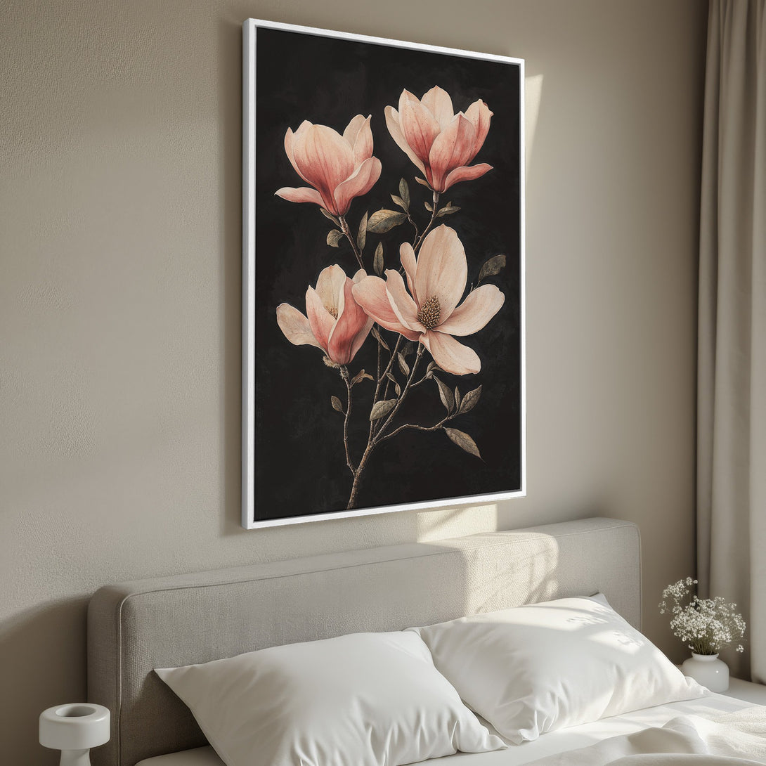 Framed Wall Art featuring elegant pink magnolia flowers on a black background. Adds a touch of sophistication with its muted color palette to any bedroom.