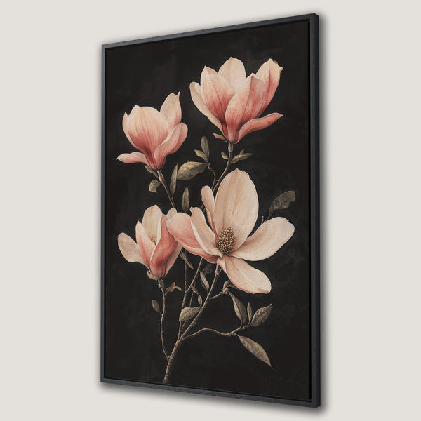 Framed Wall Art featuring elegant magnolia flowers on a black background. Soft pink and neutral tones create a sophisticated and stylish decor piece.