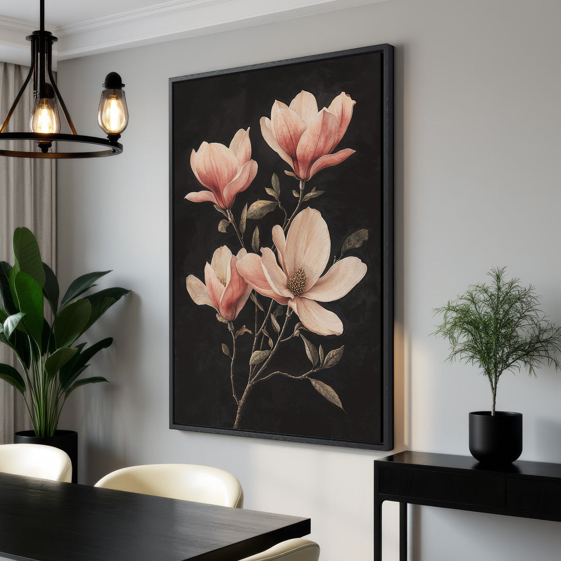 Framed Wall Art featuring elegant magnolia flowers on a black background. Soft blush and neutral color palette, perfect for modern home decor.