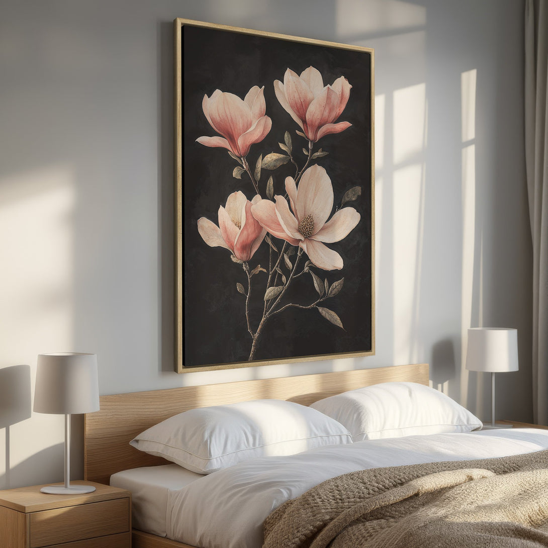 Framed Wall Art: Elegant magnolia flower print in soft pink and black. Perfect for bedroom decor, adding a touch of botanical beauty. Shop now!